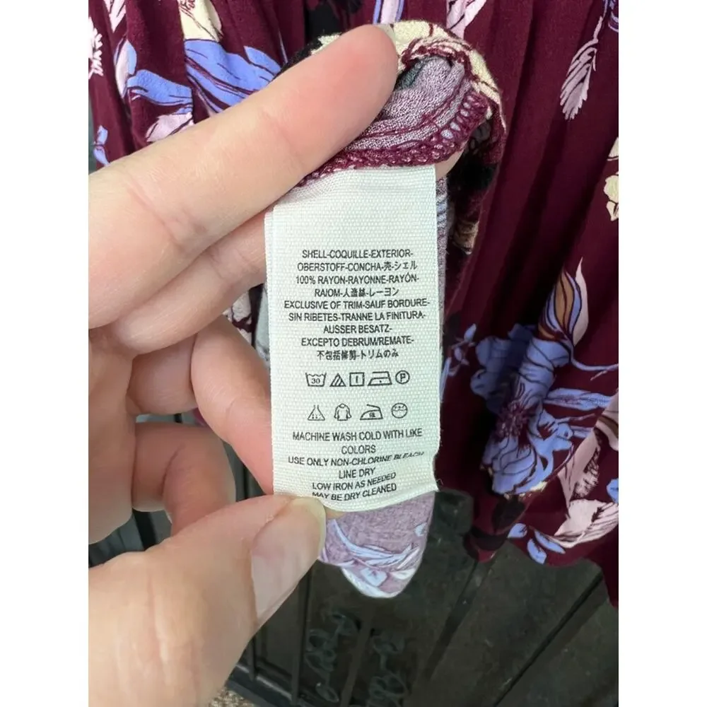 Free People Bella Top XS Burgundy Floral Boho Babydoll Tunic Bell Sleeve